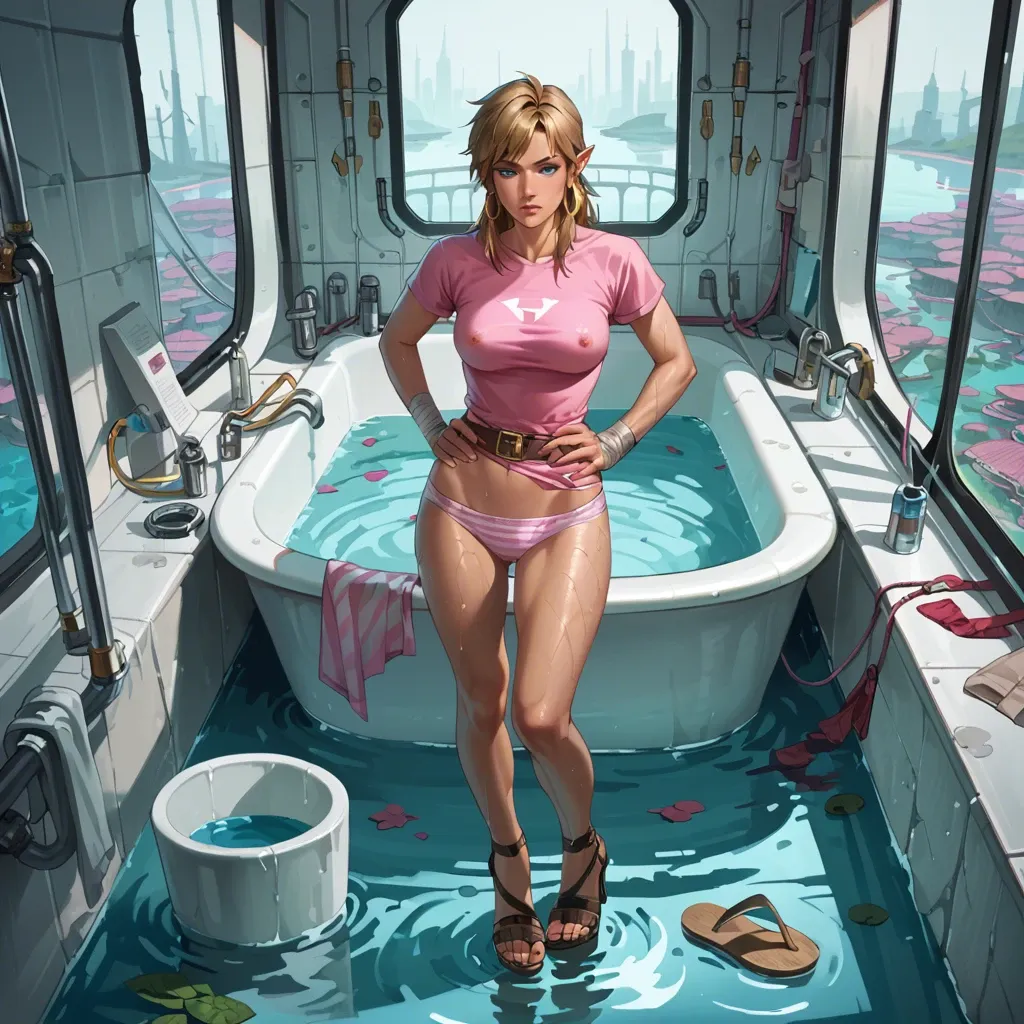 1girl,solo, , , , nose,high heel,nipple exposed,hands on hips,light skin, pink t-shirt,striped clothes,hoop earrings,wet panties,strappy sandals, bathtub, river, spaceship, tape bondage, link, anna, waifu