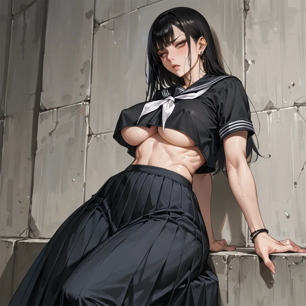 anime, black serafuku, long skirt, underboob, yellow with black hair, big breasts, huge nipple bulge, big hips, piercing