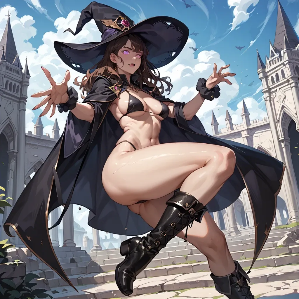 1girl,1boy, , , , glowing eye,wrist,round boobs,absurd quality,ankles, dimples,thick thighs,firm breasts,reaching back,on elbows, black jacket,palace,witch hat,black bikini,boots, blake, spaceship, multiple dildos, anime screencap, night club, samus, elsa