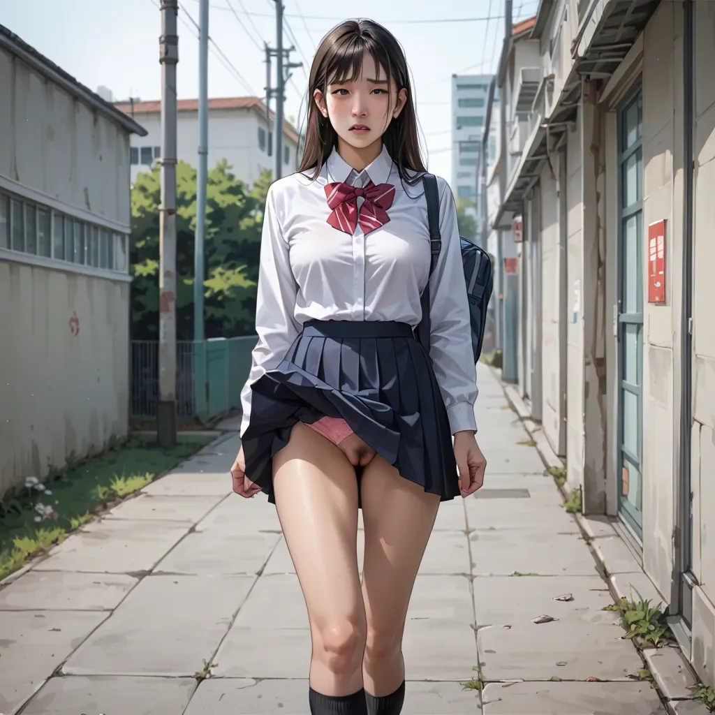 Cartoon hentai, Asian schoolgirl uniform, up skirt, hairy pussy, innocent pink panties, embarrassed faces, walking home from school, tripped,