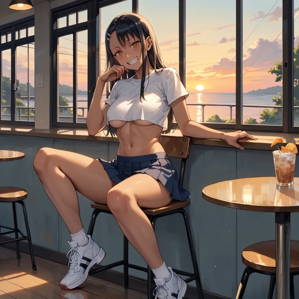 Hayase Nagatoro, naughty smile,  sensual,  top-crop shirt and pleated miniskirt and sneakers, underboobs and belly button, sit on a chair in café in Rome, oudoor, sunset, play of shadows, beautiful lighting, subtle pastel tones, 8k