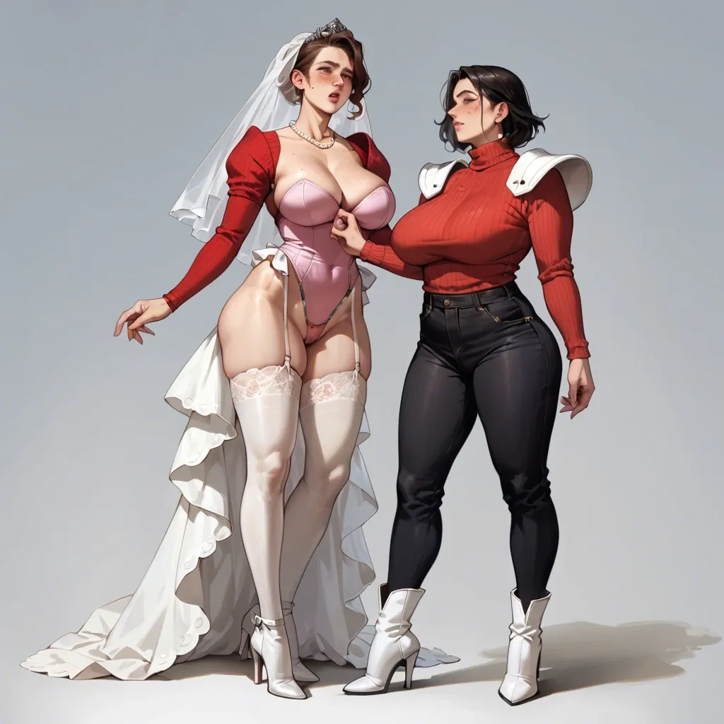 2girl, , , , freckled,heel,big breast,arching back,shoulder pads, black pants,white stockings,bridal veil,lace thong,high heels, red sweater,pearl necklace,highleg panties,pink leotard,white boots, couch, new york city, cyberpunk, cyborg, belle, dynamic pose