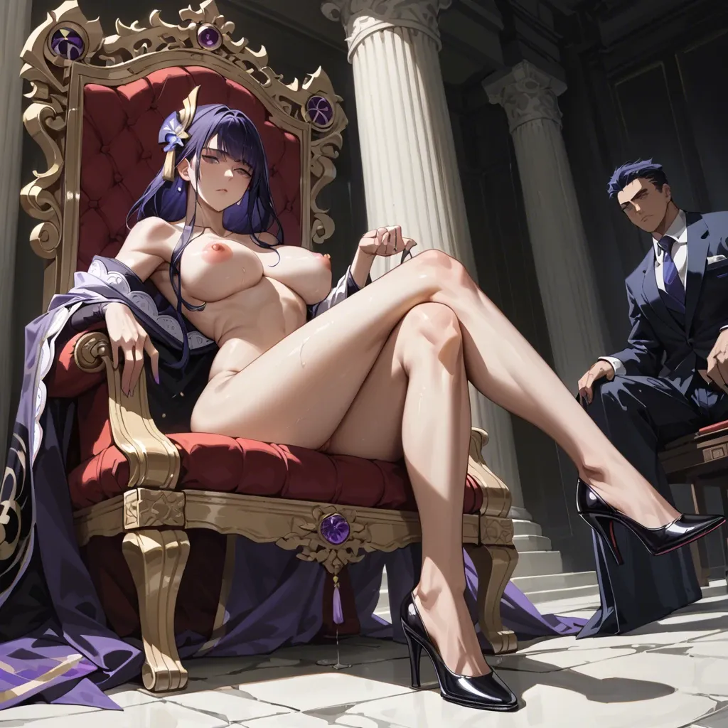 raiden shogun nude，low angle，sit on the throne ，expressionless，double crossed legs，black high heels，Two rows of naked men，Long Shot，dim palace，