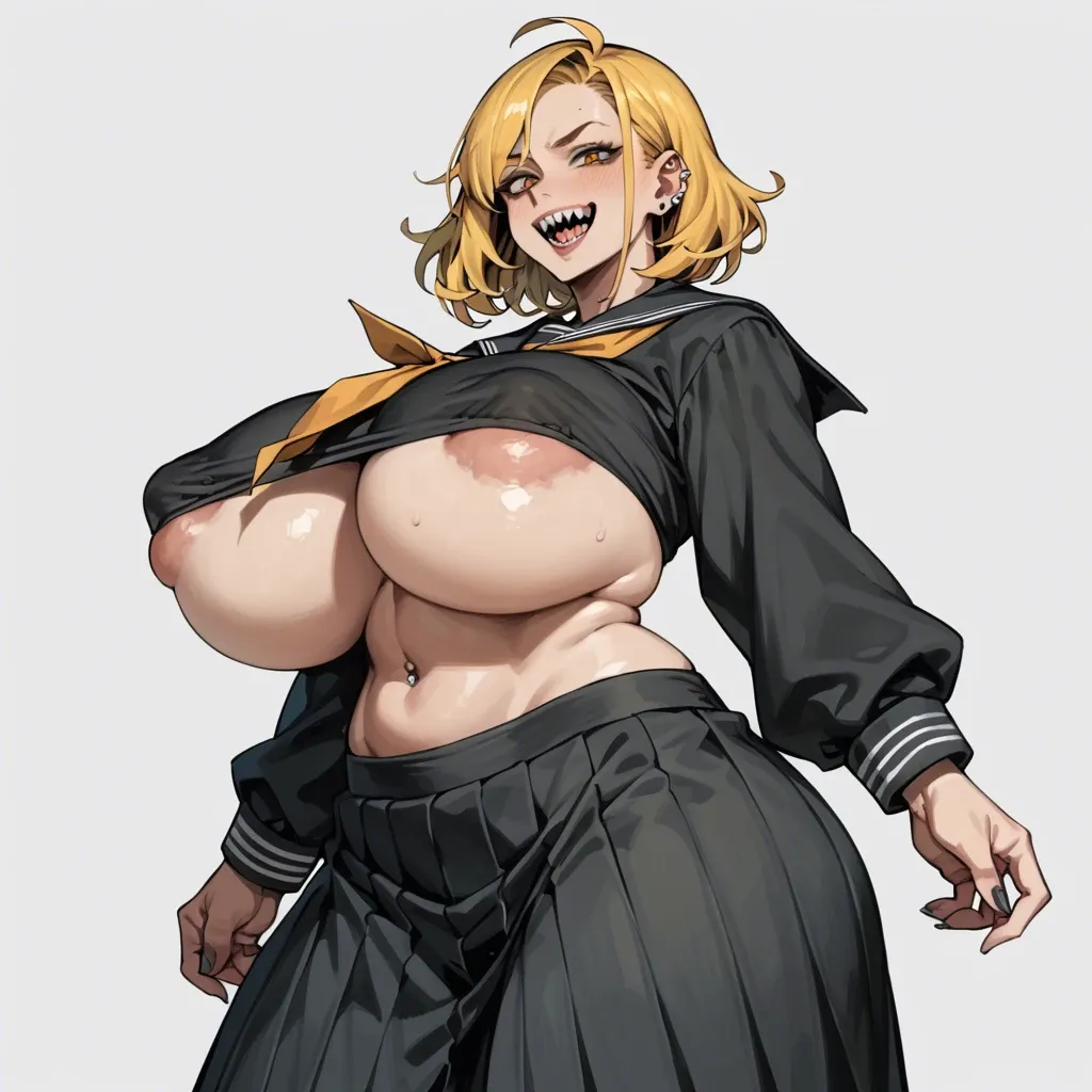 anime, thick outline, yankee girl, black serafuku, long skirt, underboob, areola slip, yellow hair, sharp teeth, smile, big breasts, gigantic nipples, big hips, piercing