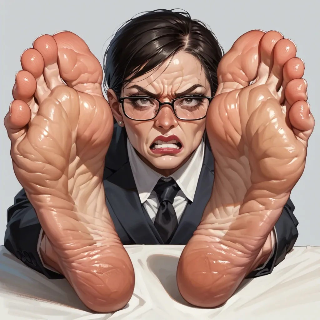 Aoc feet, wrinkly soles, glasses Hispanic Alexandria ocasio cortes, tan, 5 toes, angry