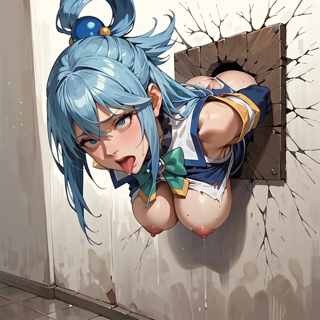 Aqua from Konosuba is stuck in a glory wall with only her waist and top half visible from this side of the wall, her shirt is ripped and her boob's are hanging out, there is a man standing in front of her as she is stuck in the wall, she is giving him a deep throat blowjob