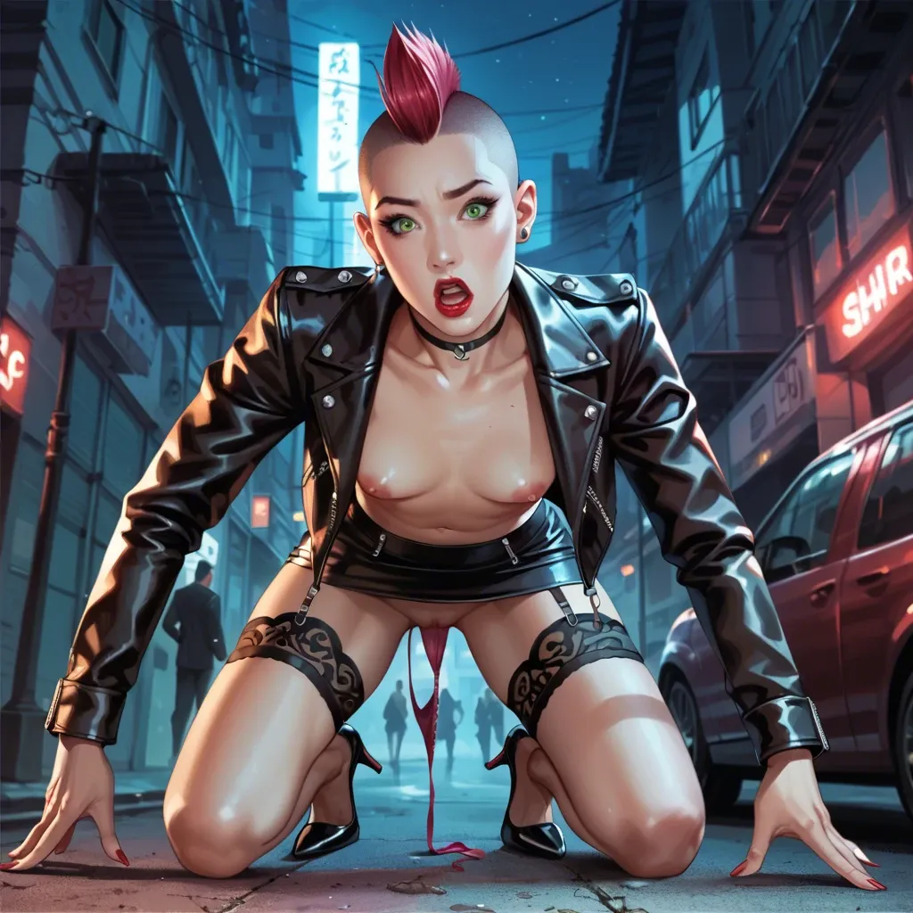 Asian, kneeling doggy style se, front view, topless, leather jacket,  leather skirt, panties around thighs, high heels, Mohawk haircut, red lipstick, flat chest, green eyes, garter, surprised, empty night club