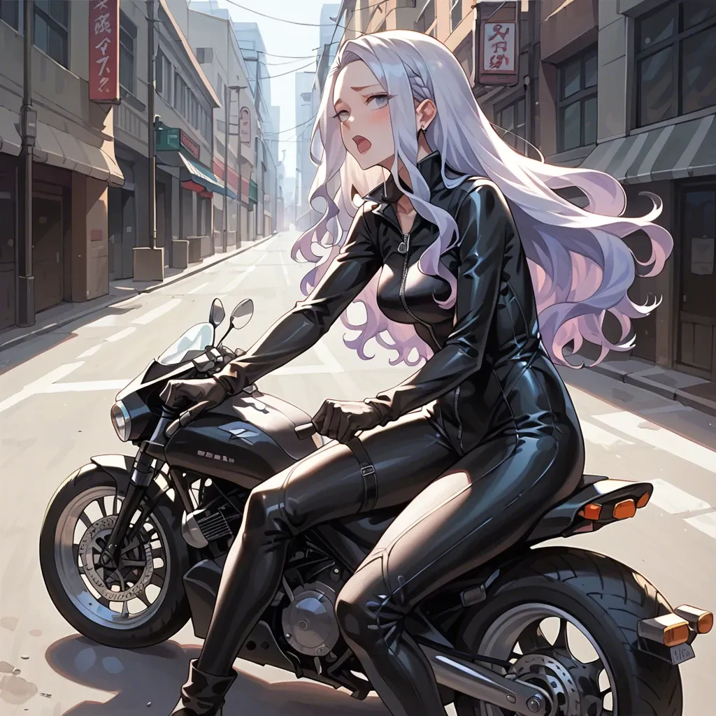 2 girl, sex, mirajane strauss, black unzipped exposed Catsuit, large long motorbike, sexy, anime cute style, straight hair, backward sitting on motorbike, sitting flipped