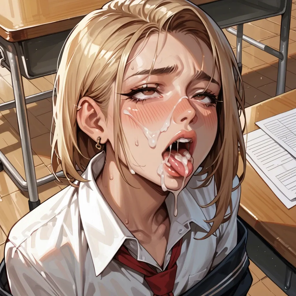 1 femboy, , , , 1 man, , , , in a school classroom, under a desk, a lot of cum, in a school uniform, mouth wide open, brown eyes, shoulder length hair, blond, earring in ear, ahegao, cum in mouth, cum explosion, thick cock, holds femboy's head,explosion, thick cock, holds femboy's head,