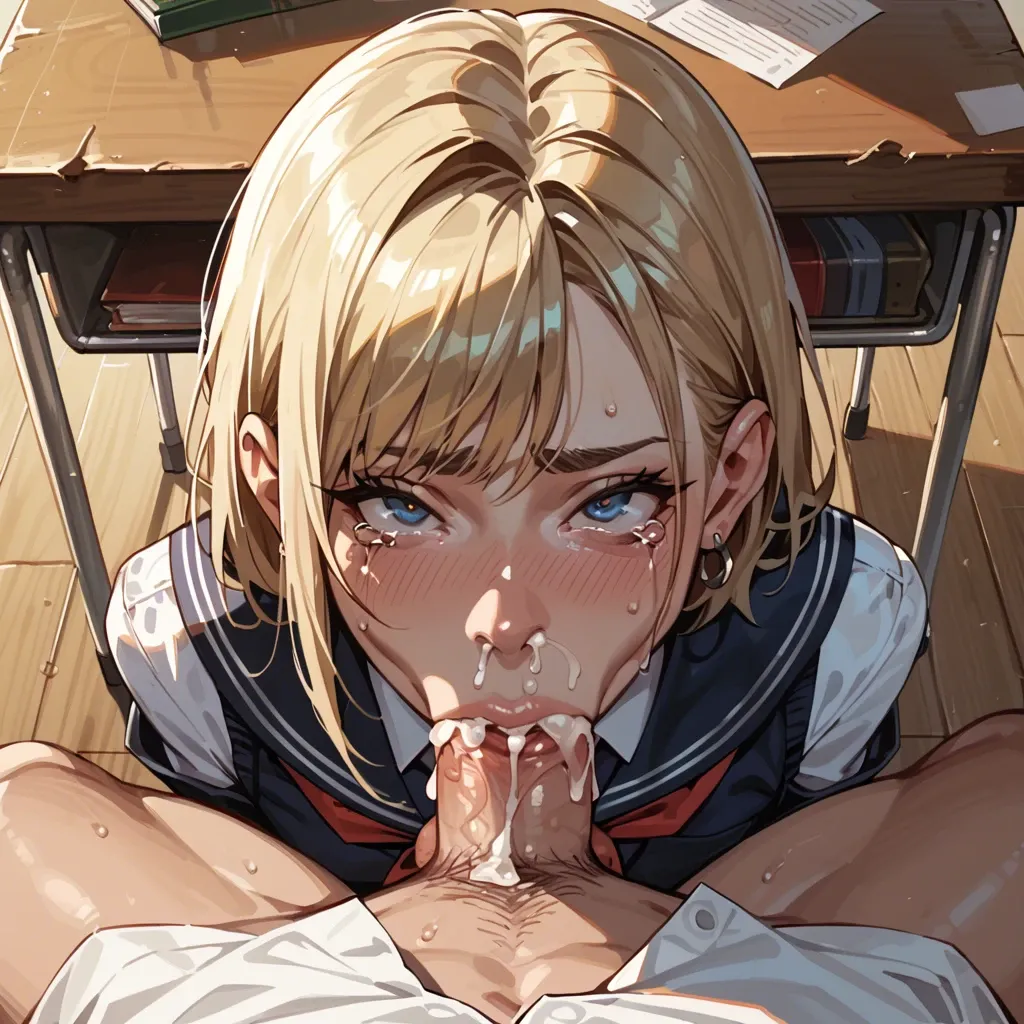 In a school classroom, under a desk, lots of cum, pov, cum coming out of nose, deepthroat blowjob, tears, happy look , , , ,1 femboy, , , , in school uniform, shoulder length hair, blond, earring in ear, brown eyes, rolled eyes, deepthroat blowjob , , , , 1 boy, , , , huge cock, thick cock, in business suit, big balls