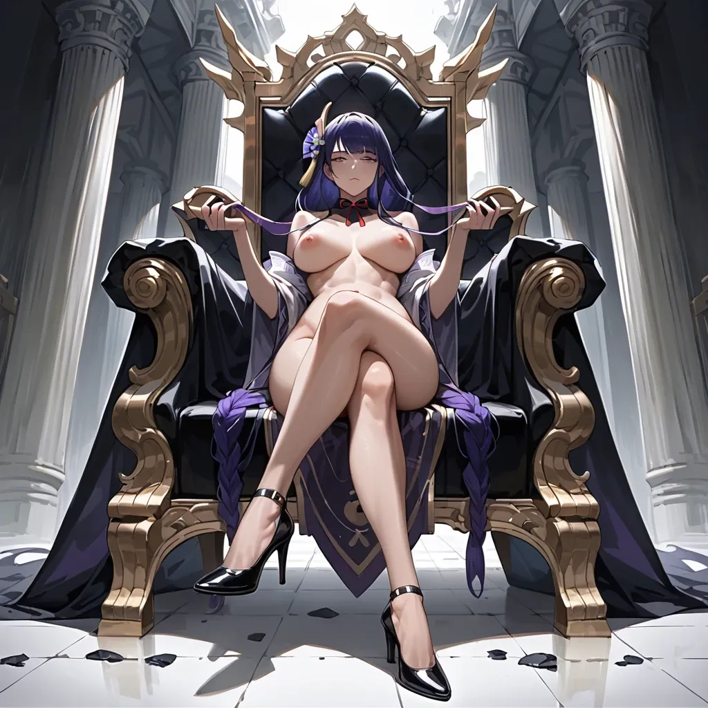 raiden shogun nude，low angle，sit on the throne ，expressionless，double crossed legs，black high heels，Two rows of naked men，Long Shot，dim palace，