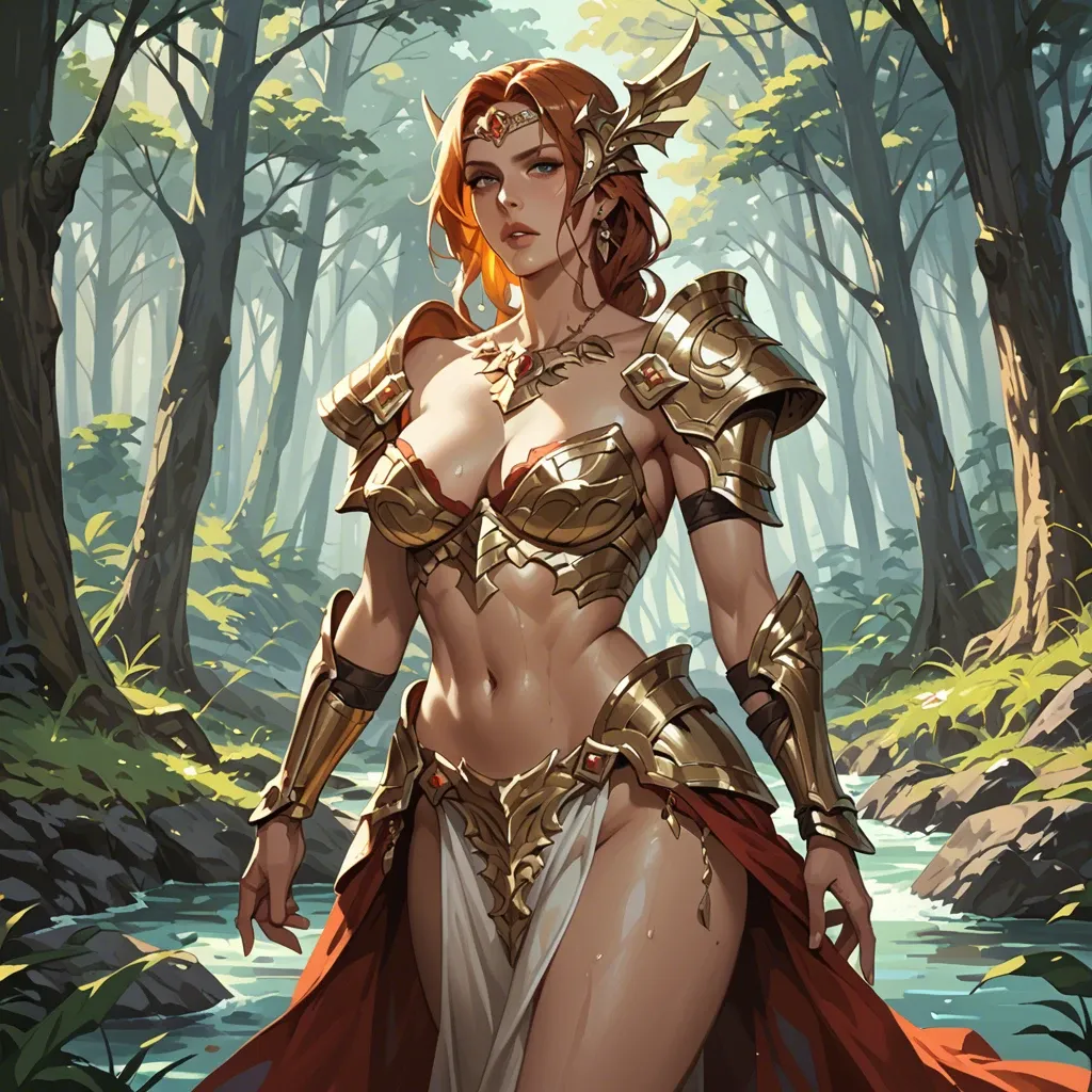 Fantasy, Forest, Fae, sexy, seductive, gold armor,  gown, solo