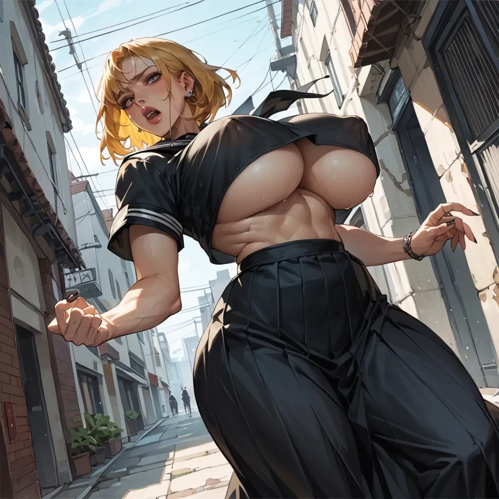 black serafuku, long skirt, underboob, yellow hair, massive breasts, nipple bulge, big hips, piercing