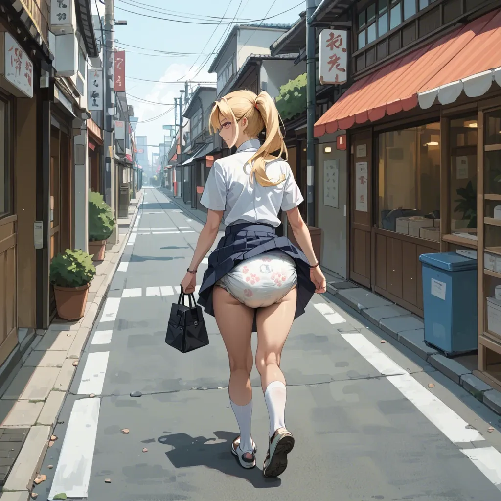 human girl wearing abdl diaper, diaper under skirt visible, blonde hair, 2 hair pony tails, walking in street Japanese style