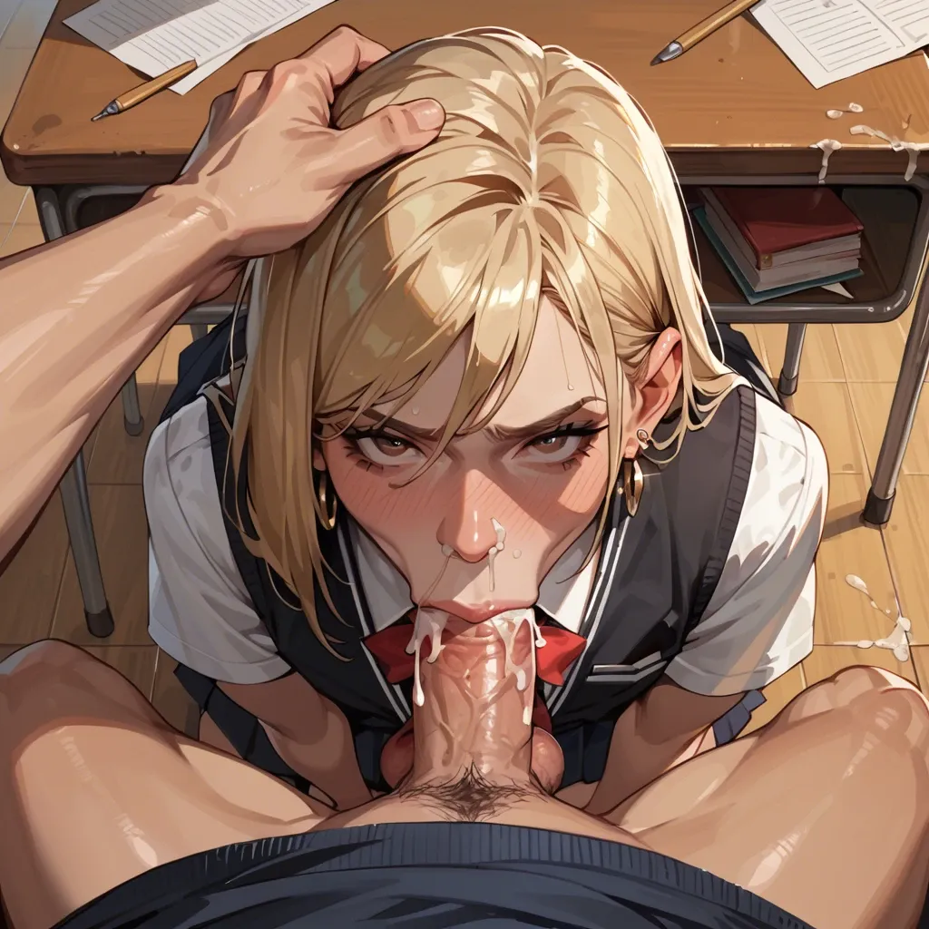 In a school classroom, under a desk, lots of cum, pov, cum coming out of nose, deepthroat blowjob, , , ,1 femboy, , , , in school uniform, shoulder length hair, blonde, earring in ear, brown eyes, ahegao, deepthroat blowjob, , , , 1 boy, , , , huge cock, thick cock, in business suit, big balls