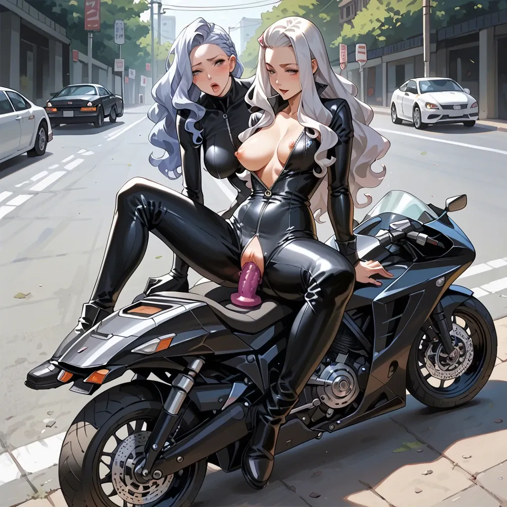 mirajane strauss, black fully unzipped exposed Catsuit  , large long motorbike, sexy, anime cute style, straight hair, backward sitting on motorbike, sitting flipped, vaginal sex, 2girls, dildo