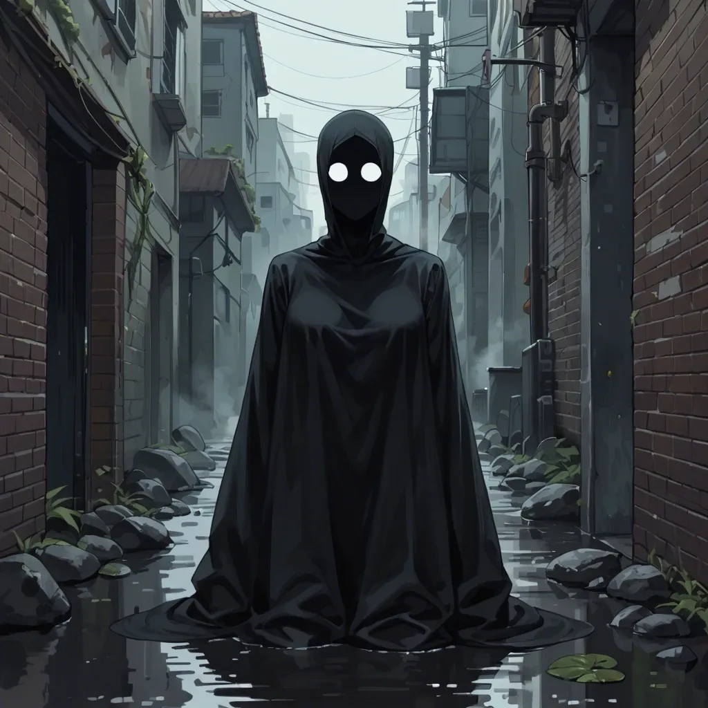 pitch black skin, hairless, surrounded by fog, bright eyes, dot pupils, no mouth, night alley background