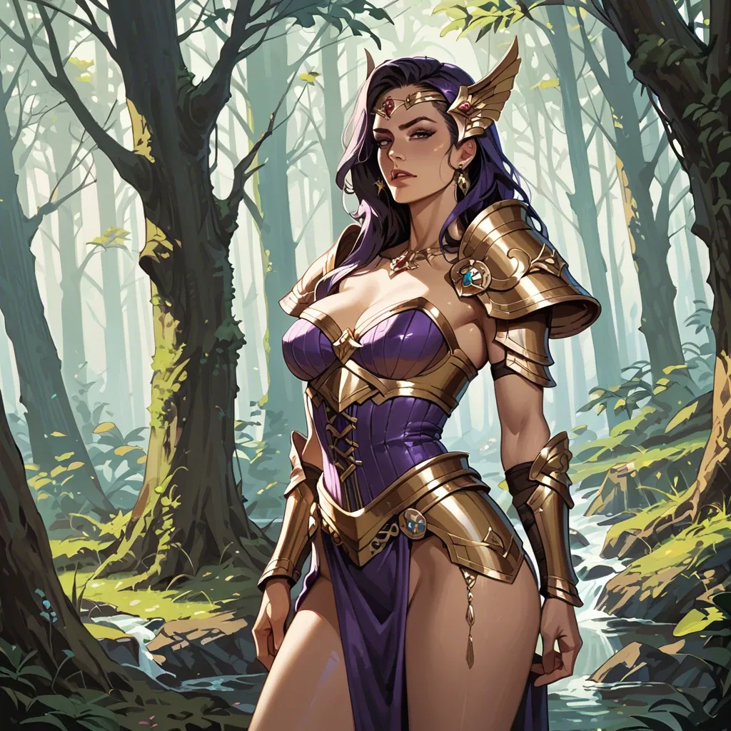 Fantasy, Forest, Fae, sexy, seductive, gold armor, purple corset, gown, solo