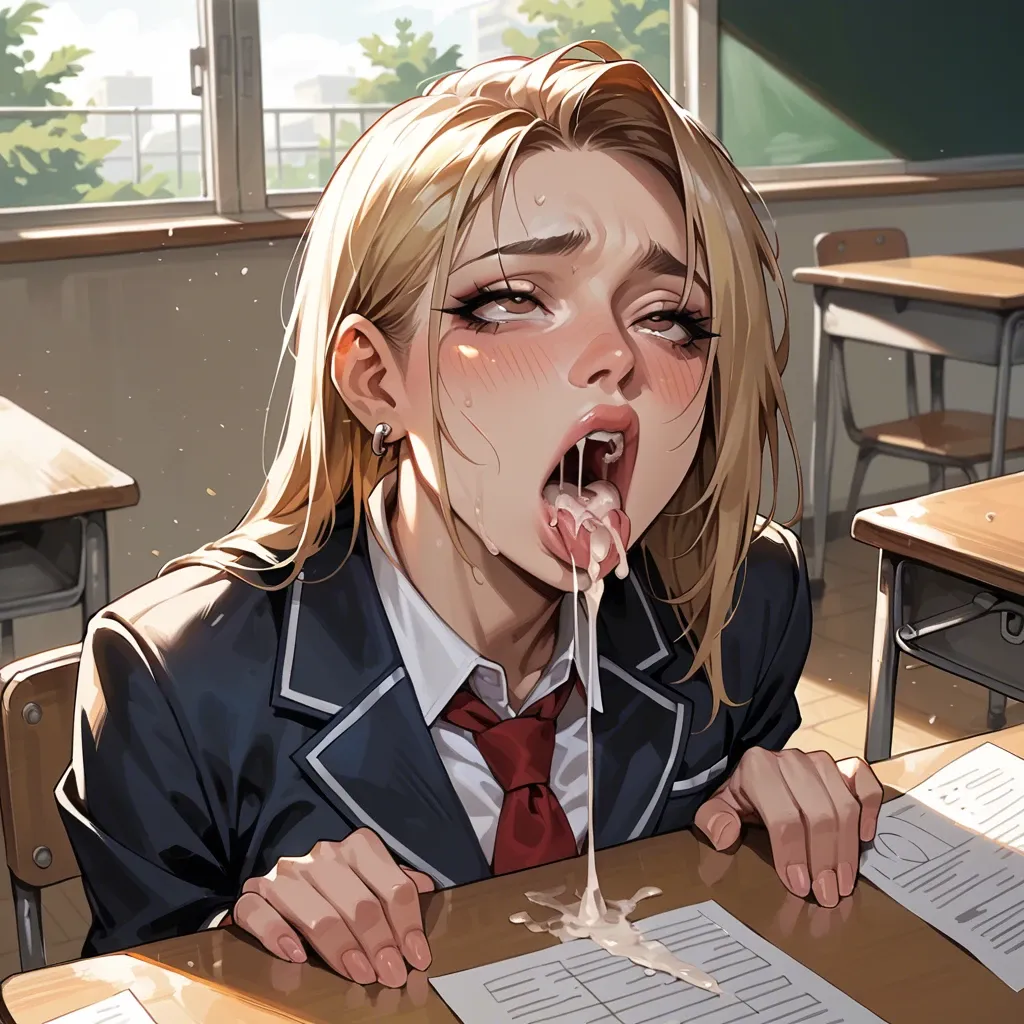 1 femboy, , , ,in a school classroom, under a desk, a lot of cum, in a school uniform, mouth wide open, brown eyes, shoulder length hair, blond, earring in ear, ahegao, cum in mouth, cum explosion, , , ,1 man, thick cock, holding head,