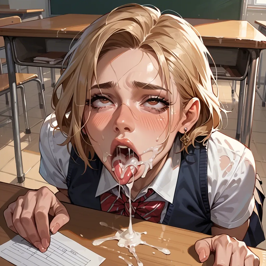 1 femboy, , , ,in a school classroom, under a desk, a lot of cum, in a school uniform, mouth wide open, brown eyes, shoulder length hair, blond, earring in ear, ahegao, cum in mouth, cum explosion, 1 man, thick cock, holding head,