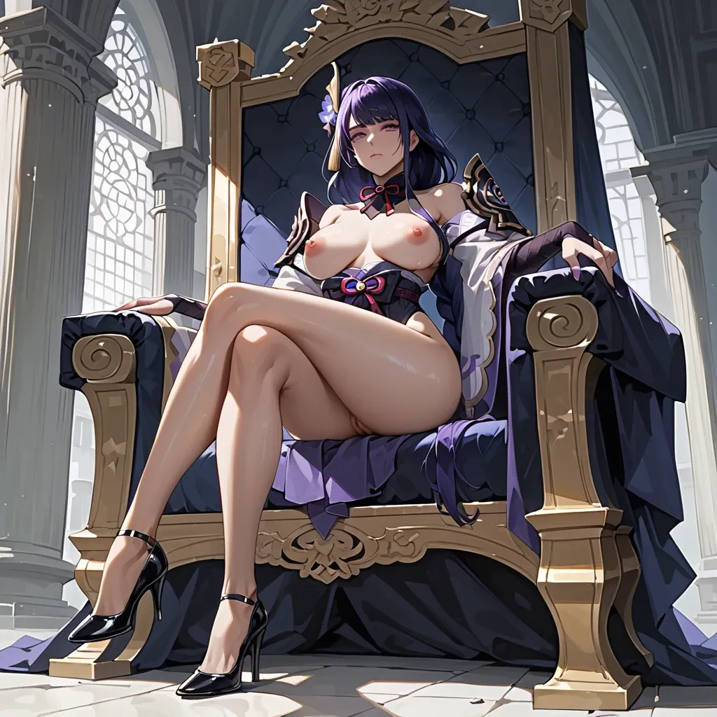 raiden shogun nude，low angle，sit on the throne ，expressionless，double crossed legs，black high heels，Two naked men，Long Shot，dim palace，