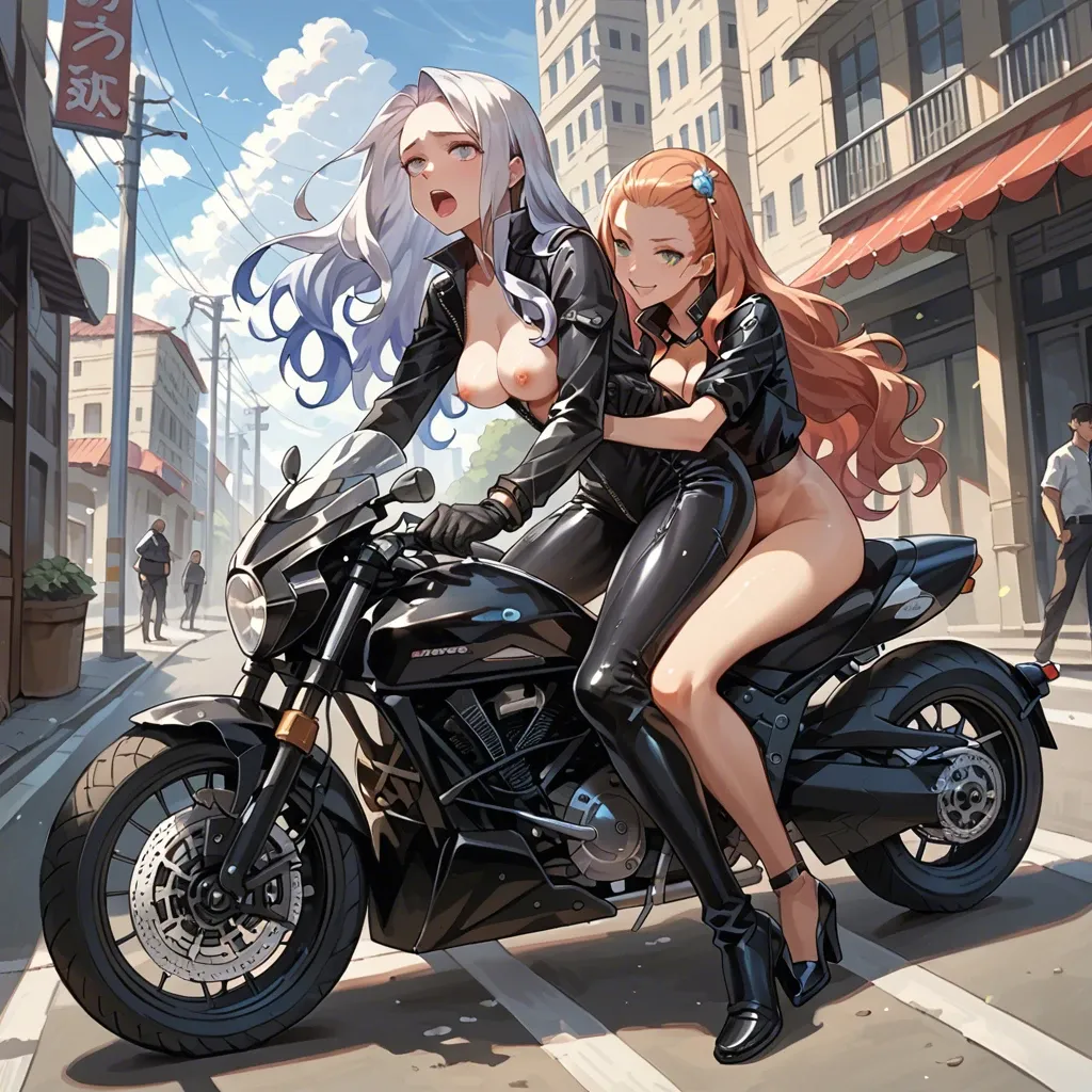 mirajane strauss, black fully unzipped exposed Catsuit  , large long motorbike, sexy, anime cute style, straight hair, backward sitting on motorbike, sitting flipped, vaginal sex, 2girls