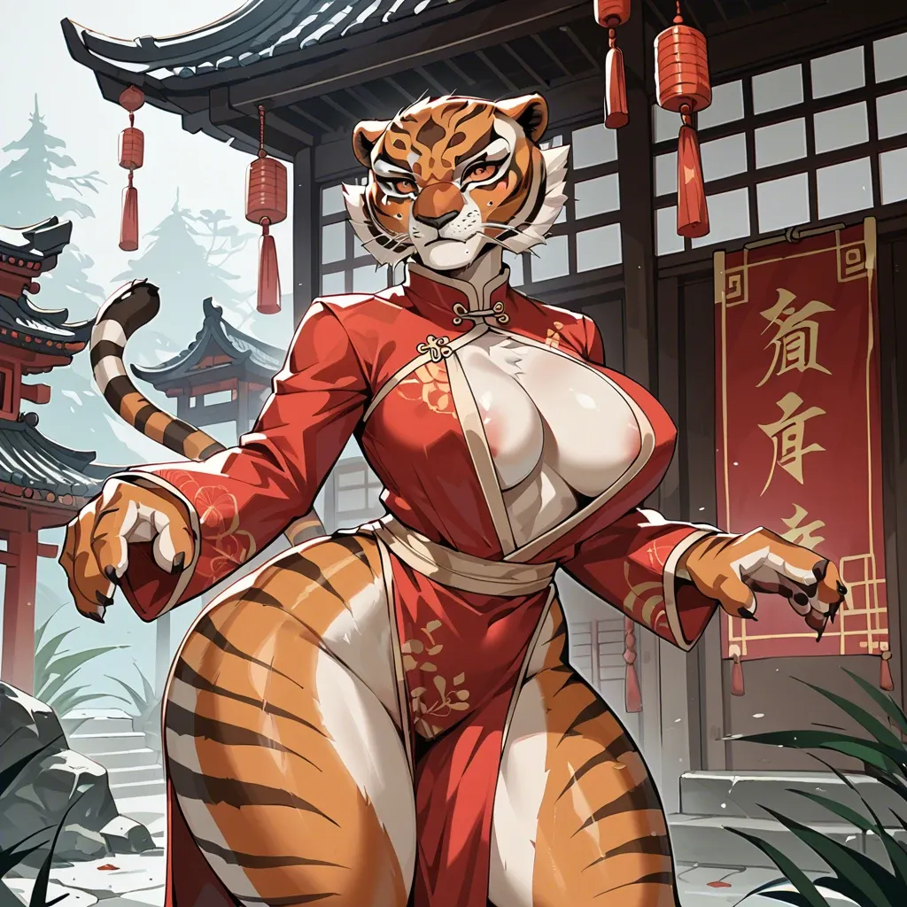 cartoon, chinese house, Tigress (kung fu panda), сhinese long sleeve dress with loincloth, fluffy body,big breasts,huge ass and hips,wide hips