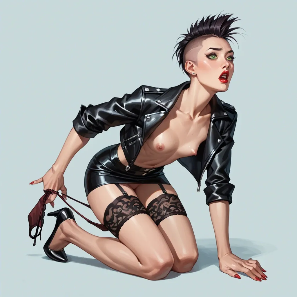 Asian, kneeling doggy style sex, front view, topless, leather jacket,  leather skirt, panties around thighs, high heels, Mohawk haircut, red lipstick, flat chest, green eyes, garter, surprised, empty music venue