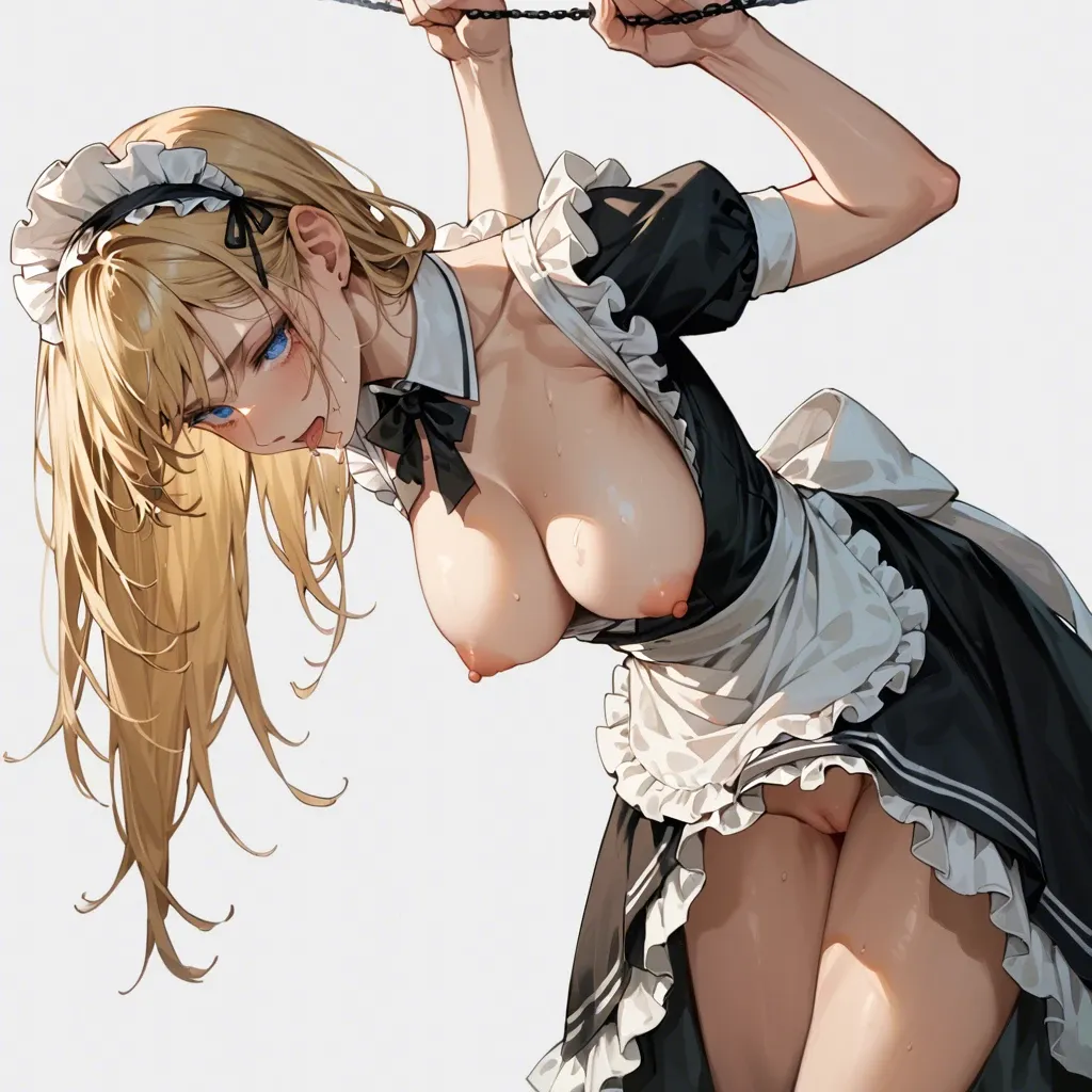 Maid girl blonde  hair and blue eyes  frilly lace dress breasts hanging out lifting skirt up showing her pussy