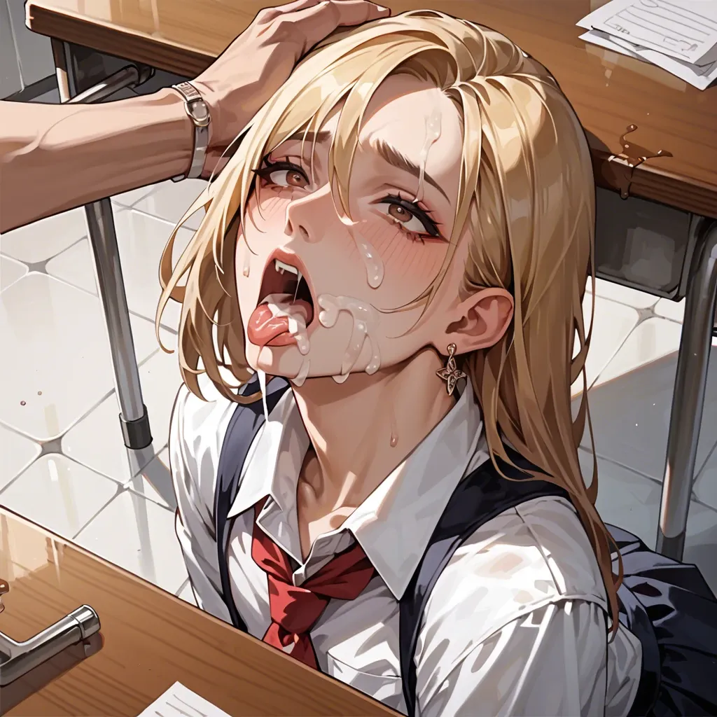 femboy instead of toilet, inscriptions on face, holds femboy's head, femboy, in school class, under desk, lots of cum, in school uniform, mouth wide open, brown eyes, shoulder length hair, blonde, earring in ear, ahegao, cum in mouth, cum explosion, thick cock, pov. blowjob