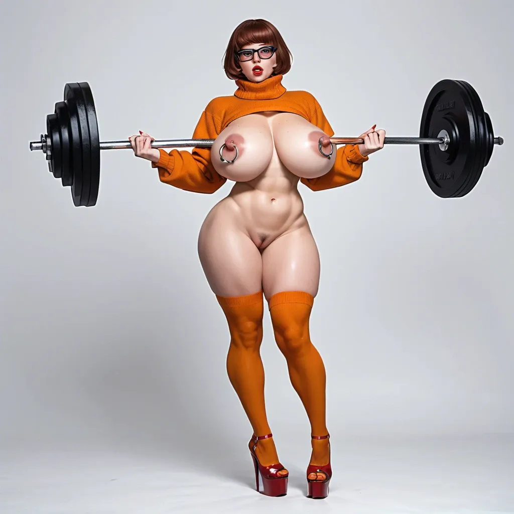 Velma scooby doo Weightlifting Red platform heels, high socks Vacuum lips, red lipstick, breast bigger than torso Naked, big nipple rings