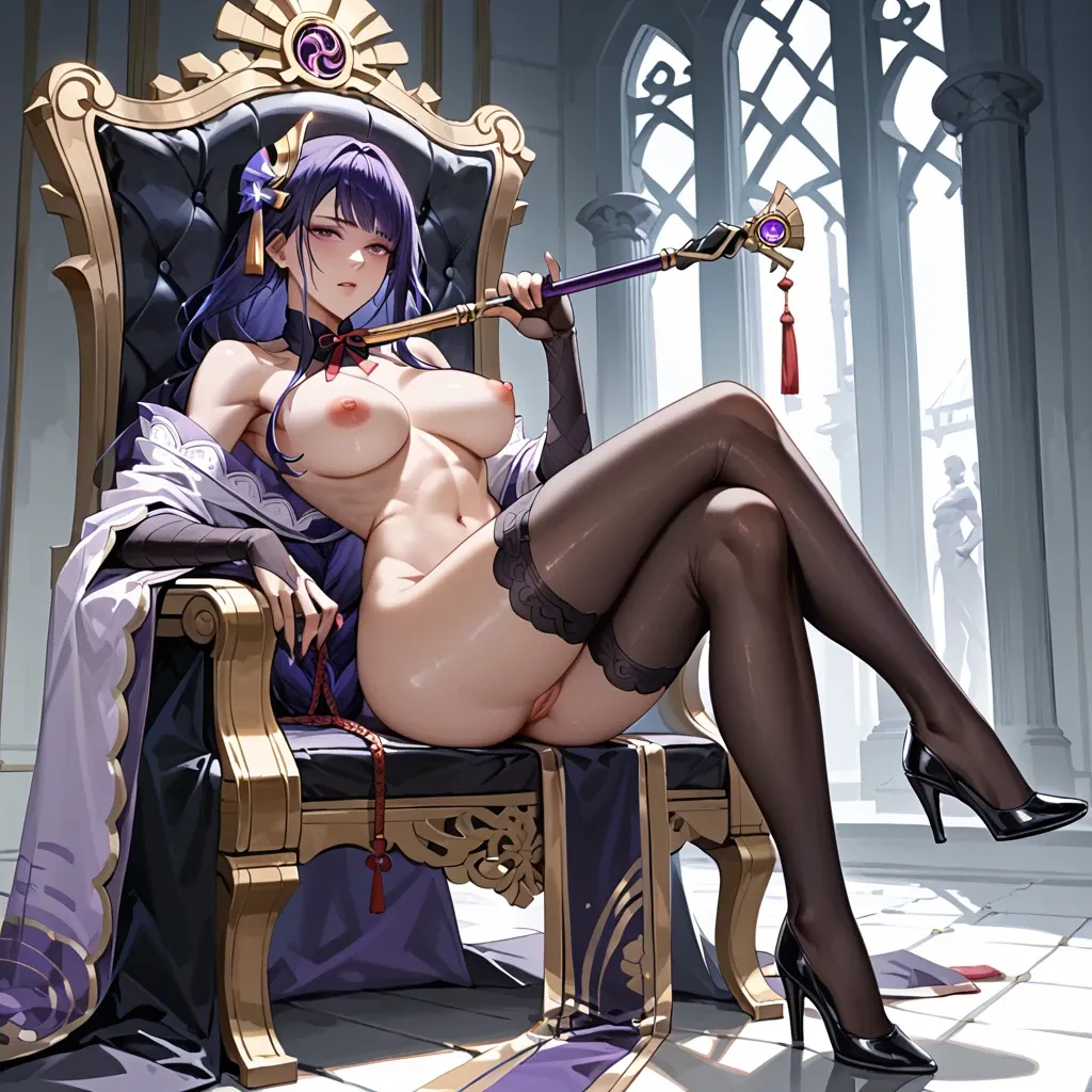 raiden shogun nude，sit on the throne，headband crown，holding scepter，proud expression，double crossed legs，black high heels，gold breasts chains，black silk gloves，low angle，