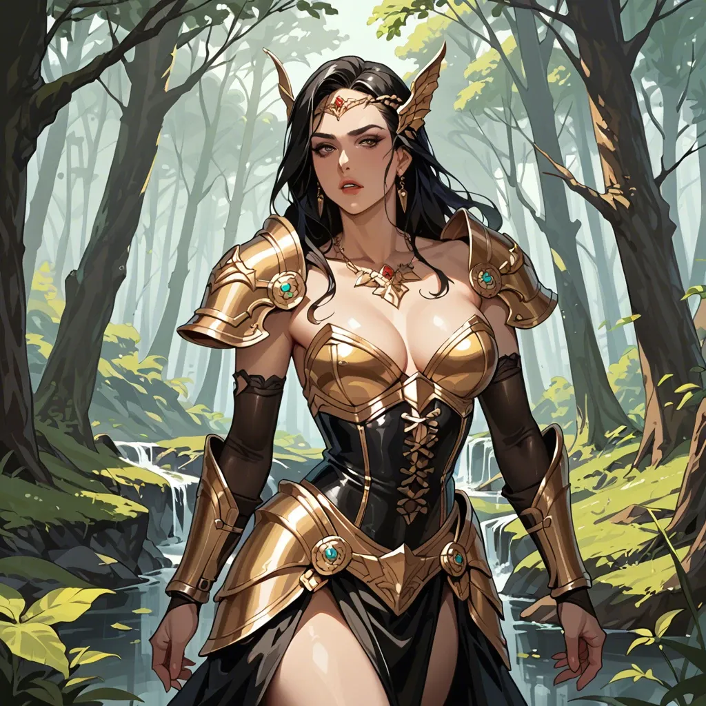 Fantasy, Forest, Fae, sexy, seductive, gold armor, black corset, gown, entranced