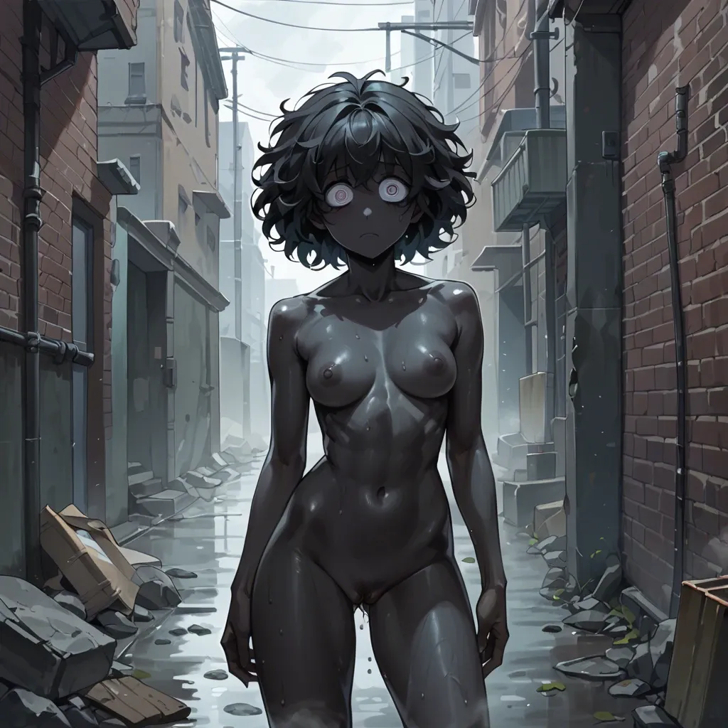 pitch black skin, hairless, surrounded by fog, bright eyes, dot pupils, no mouth, night alley background