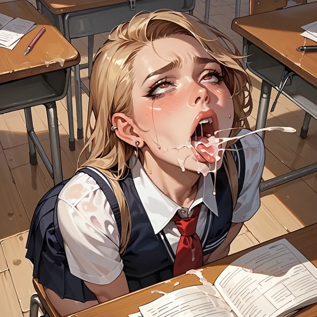 1 femboy, , , ,in a school classroom, under a desk, a lot of cum, in a school uniform, mouth wide open, brown eyes, shoulder length hair, blond, earring in ear, ahegao, cum in mouth, cum explosion, 1 man, , , , thick cock, holding head,