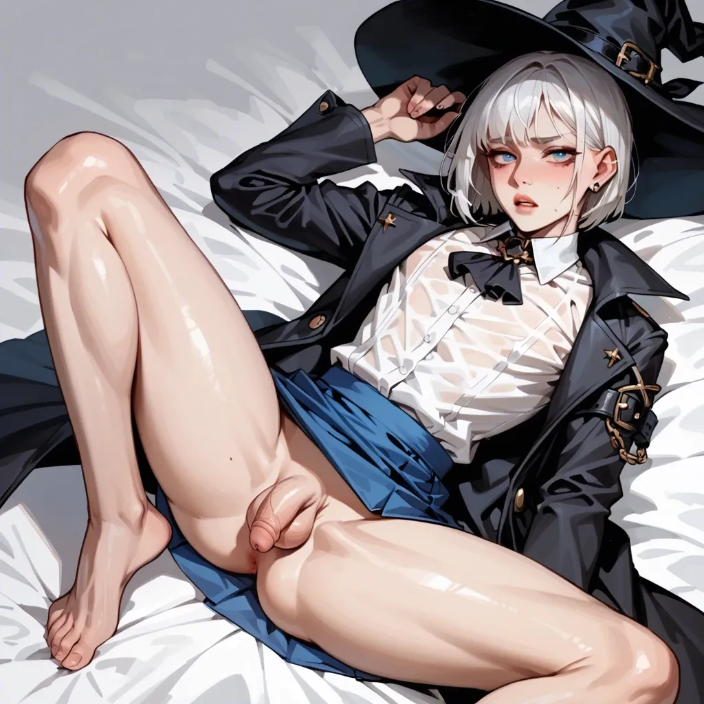 femboy, white hair, bob cut, witch hat, open coat, blue skirt, white shirt, lying down, spread legs, flaccid dick