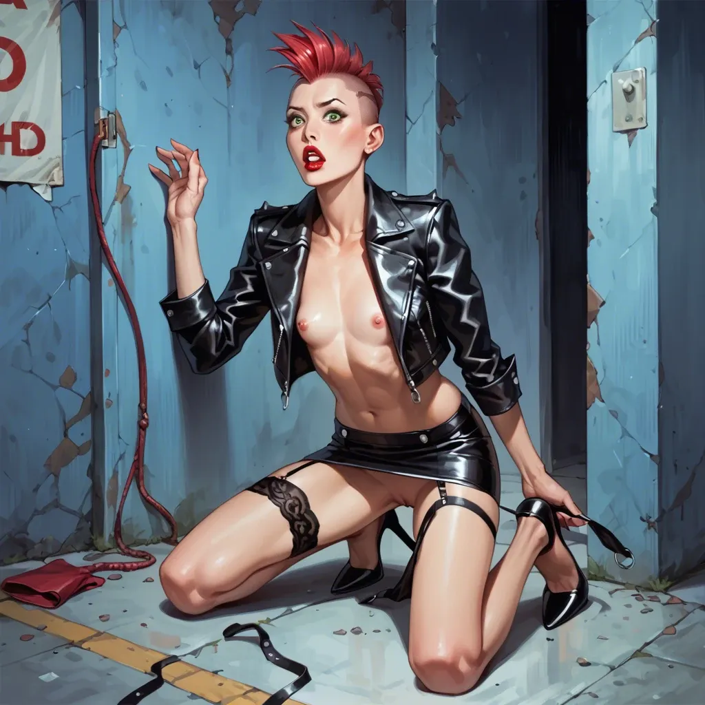 Asian, kneeling doggy style, front view, topless, leather jacket,  leather skirt, panties around thighs, high heels, Mohawk haircut, red lipstick, flat chest, green eyes, garter, surprised, empty night club