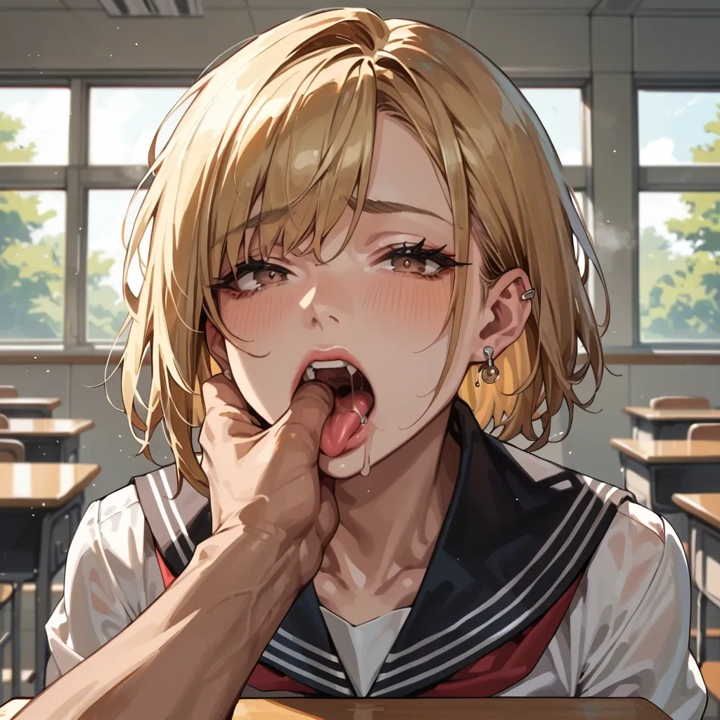 mouth wide open, finger in mouth, in school classroom, school uniform, brown eyes, shoulder length hair, femboy, blonde, earring in ear, pov, throat visible, steam from mouth, cute face, drooling