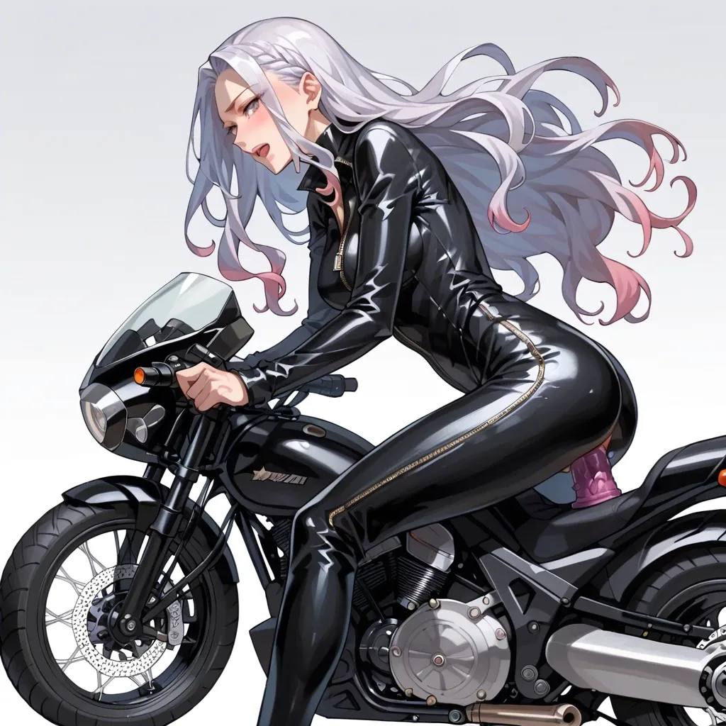 mirajane strauss, black fully unzipped exposed Catsuit  , large long motorbike, sexy, anime cute style, straight hair, backward sitting on motorbike, sitting flipped, vaginal sex, dildo sex