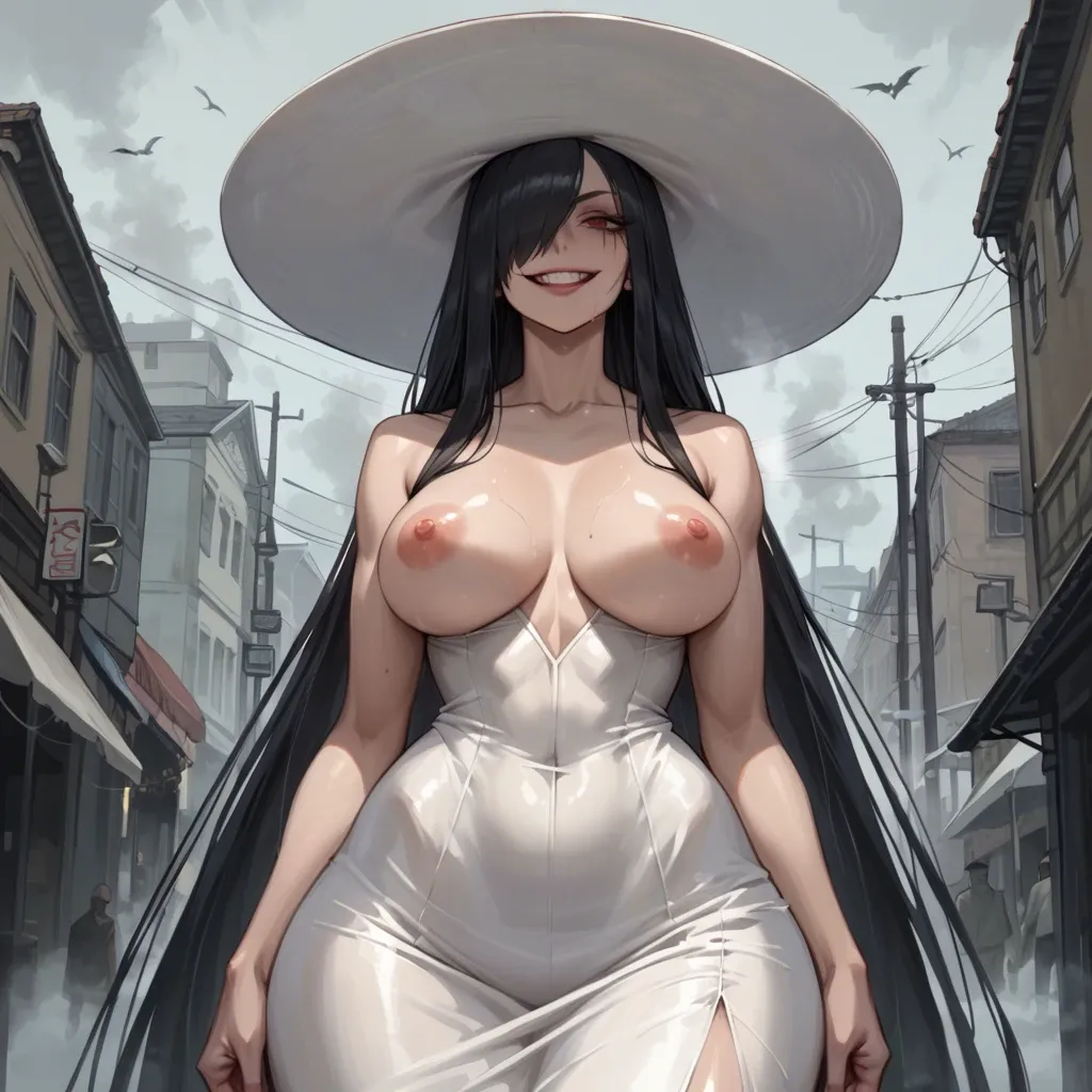 very tall woman, long white dress, big white hat over face, extremely long dark hair, extremely enormous tits, very wide hips, dark street, fog, exposed nipples, evil smile, topless, bellow view, massive hard penis