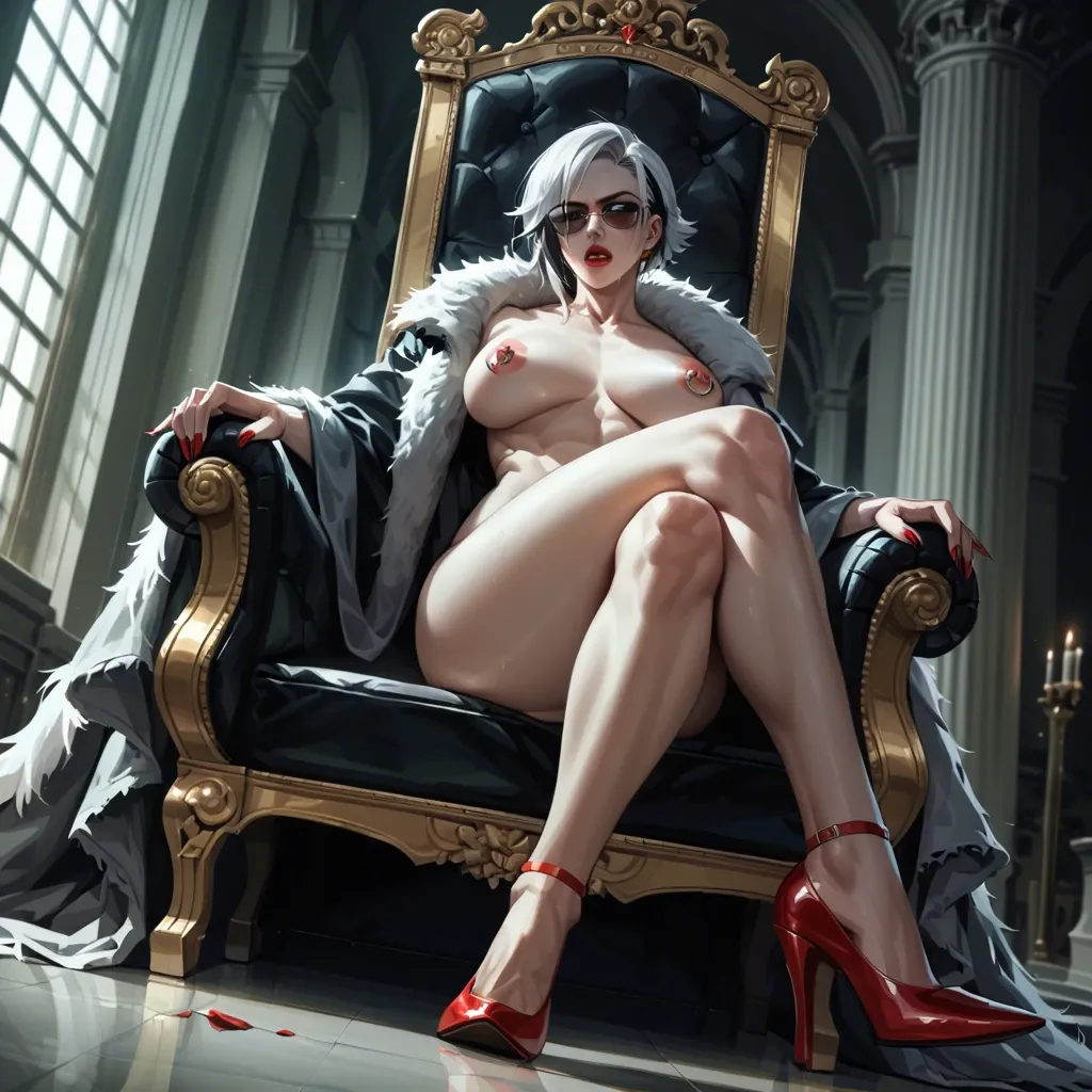 Arlecchino nude，sitting on the throne，sunglasses，double crossed legs，red high heels，Nipple rings，low angle，red lipstick，gray fur shawl，