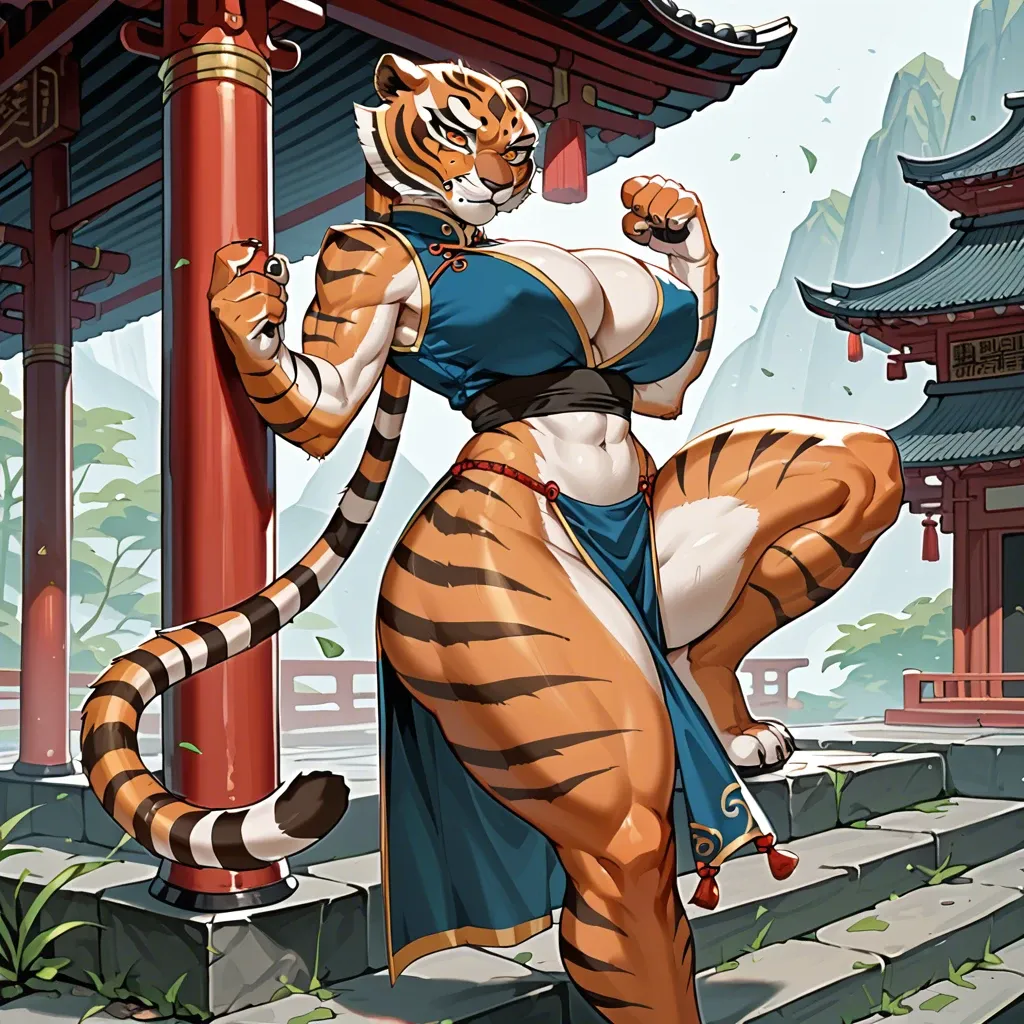 cartoon, chinese house, Tigress (kung fu panda), сhinese long sleeve vest with loincloth, fluffy body,big breasts,huge ass and hips,wide hips