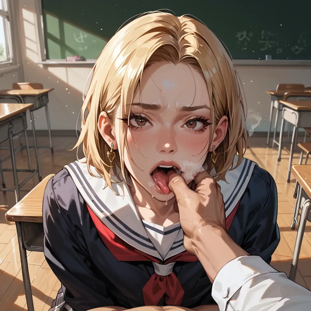 mouth wide open, finger in mouth, in school classroom, school uniform, brown eyes, shoulder length hair, femboy, blonde, earring in ear, pov, throat visible, steam from mouth, cute face