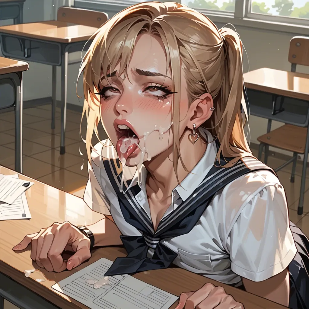 1 femboy, , , , 1 man, , , , in a school classroom, under a desk, a lot of cum, in a school uniform, mouth wide open, brown eyes, shoulder length hair, blond, earring in ear, ahegao, cum in mouth, cum explosion, thick cock, holds femboy's head, pov. blowjob