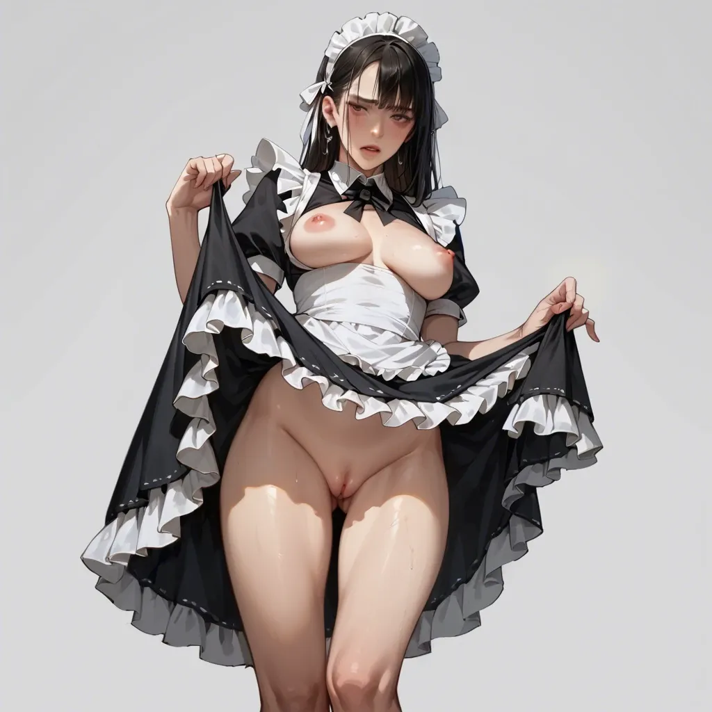 Maid girl frilly lace dress breasts hanging out lifting skirt up showing her pussy