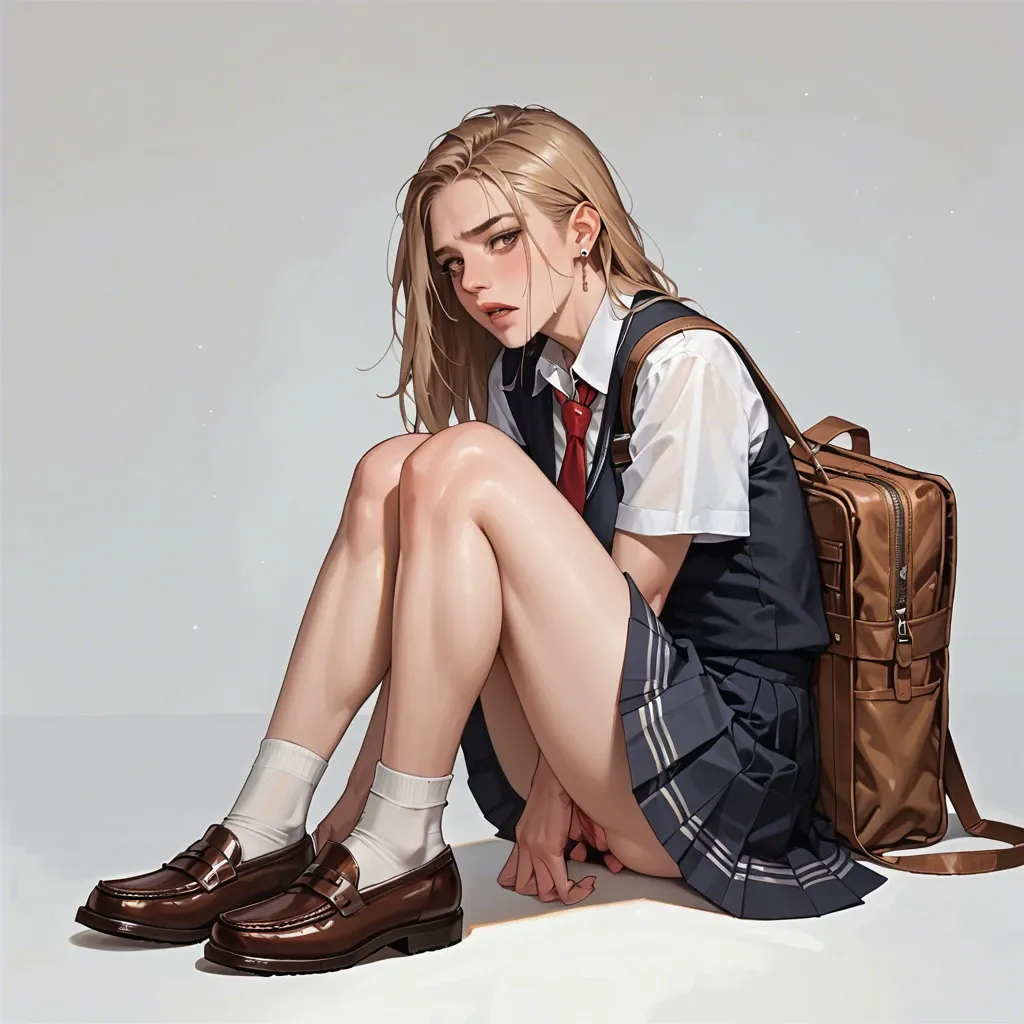 blond, brown eyes, earring, shoulder length hair, school uniform. lies on knees