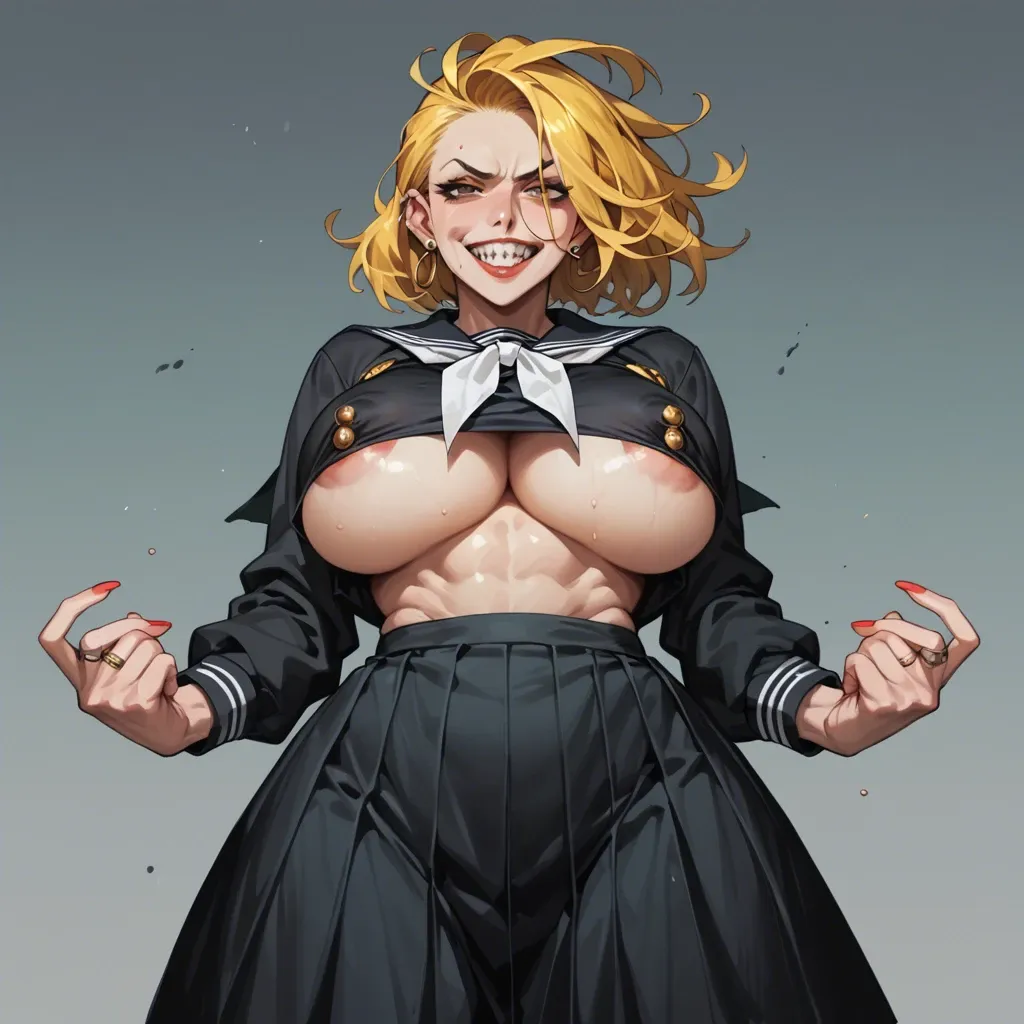 anime, yankee girl, black serafuku, long skirt, underboob, areola slip, yellow hair, sharp teeth, grin, big breasts, huge nipple bulge, big hips, piercing