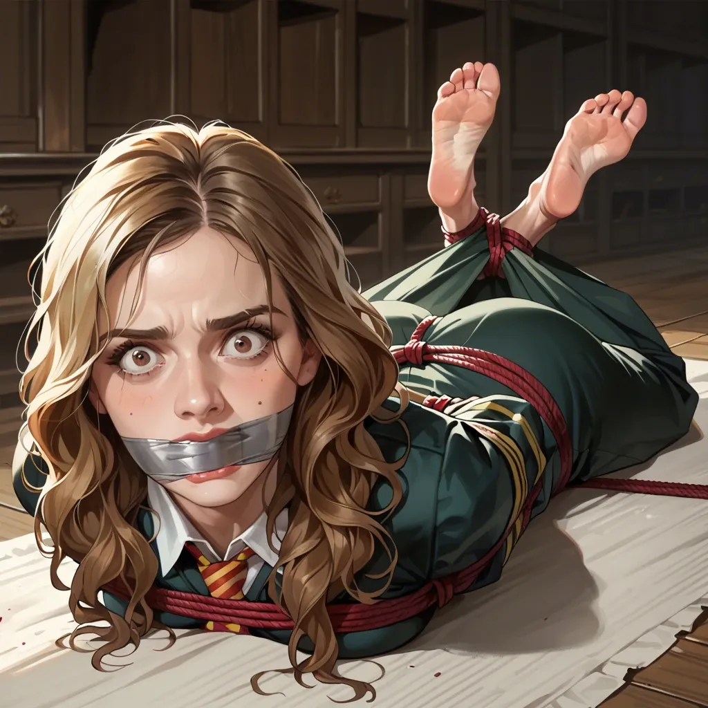 1girl, solo, Hermione Granger \(Harry Potter\), brown eyes, hogwarts uniform, long skirt, barefoot, laying on stomach, rope bondage, hogtied, arms behind the back, tape gagged, feet focus, looking at viewer, shocked, screaming