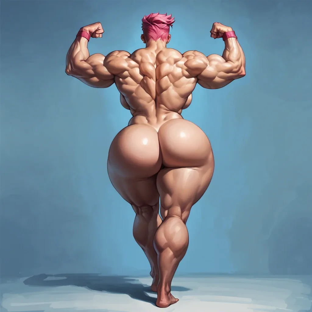 Back view, 1girl, Zarya, athletic back, huge ass, Apple butt, wide hips, thick thigs, curvy hips, gigantic hips, flexing