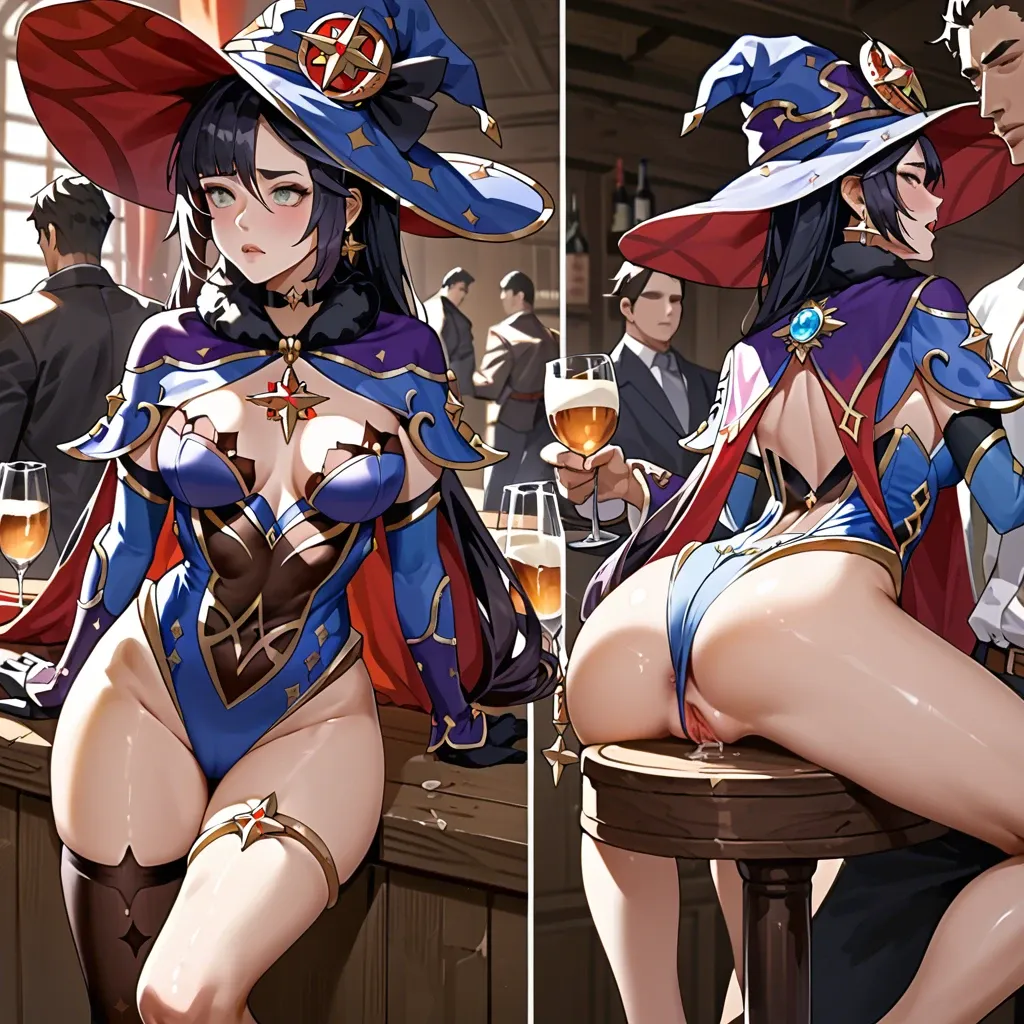 Mona from genshin impact, bar table of angel's Share in Genshin impact, semi dressed, comic book style, multiple views, group of men carry mona semi dressed  to a table in the bar